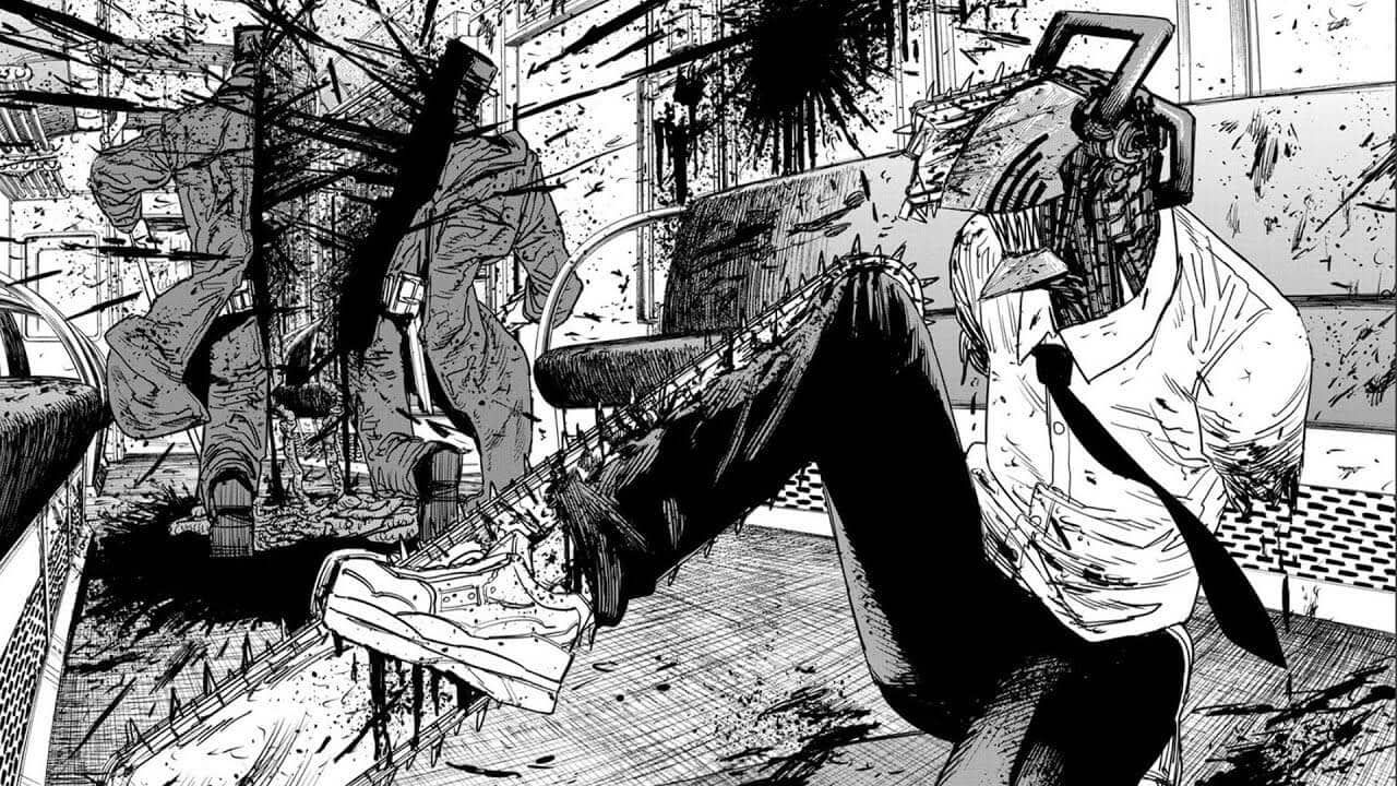 Chainsaw Man affrontant Katana Man dans un train, ambiance sanglante